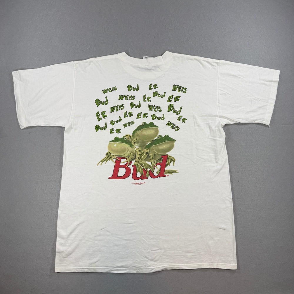 Vintage 1995 Budweiser Frog T-Shirt Men XL White Beer Graphic Tee USA Wild Oats
